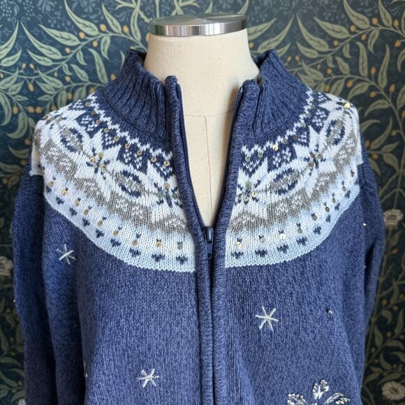 Vintage 90s Zip Up Fair Isle Nordic Snowflake Cotton & Ramie Cardigan - Picture 2 of 10